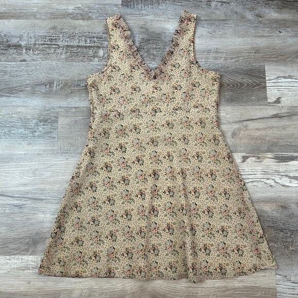 Y2K Express Floral Mini Dress Beige Pink Green Ruffle Trim Cottagecore M - Picture 5 of 6